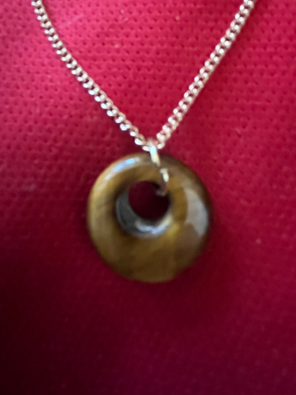 Hand Crafted Tigers Eye Donut Pendant Necklace - Brown Stone on Chain Handmade